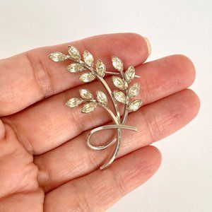 Star Art Retro Crystal Rhinestone Silver Leaf Spray Brooch Pin Marked Sterling